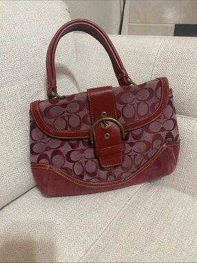 Coach Red Burgundy Signature Satchel with Buckle Accent